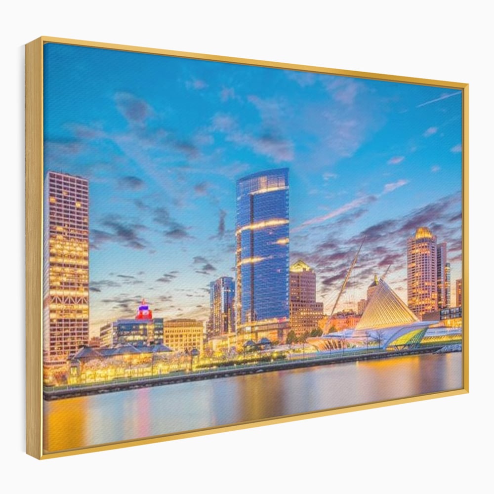 Tablou canvas cu panorami urbana nocturna milwaukee pe apa, in rama de aluminiu auriu